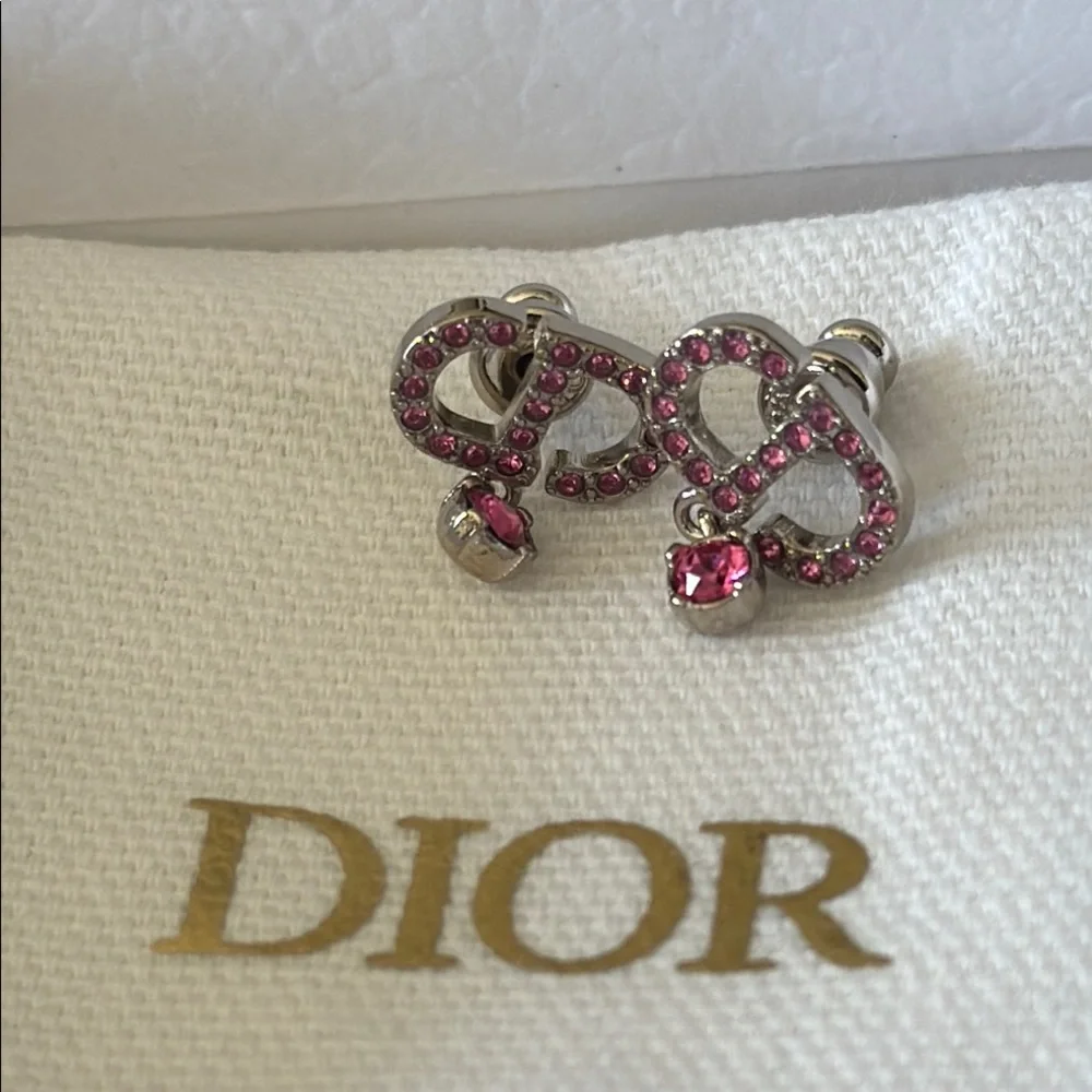 Christian Dior Pink Crystal Earrings logo with box and ribbon - Picture 2 of 7